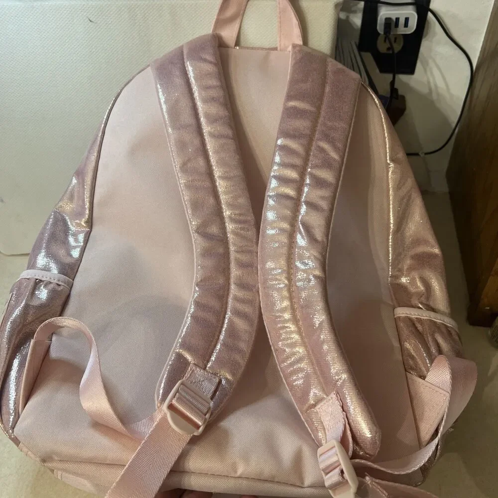 Justice Girls Backpack Pink Rose‎ Gold Initial M Side Pockets Full Size 17 Inch